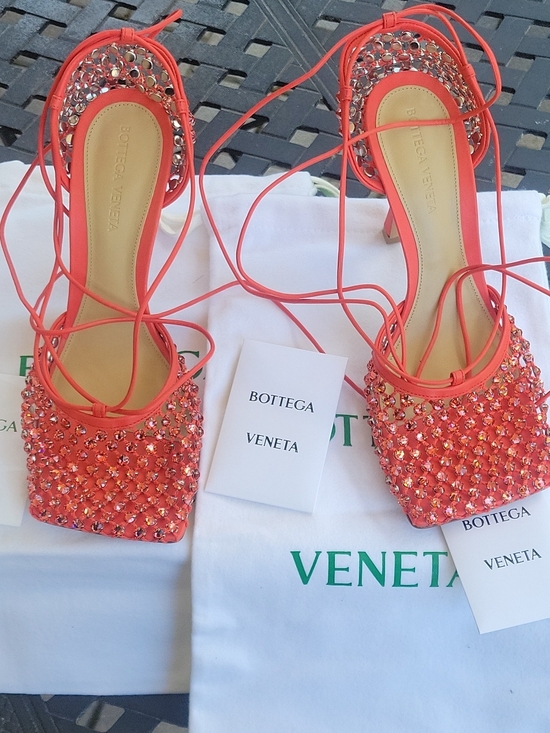 Bottega Veneta Shoes - Bottega Veneta Coral Crystal Lace-Up Square-Toe Heels